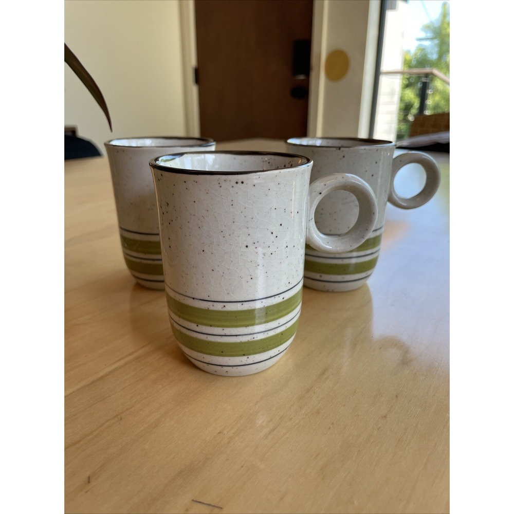 Vintage‎ Speckled Stoneware Ring Handle Coffee Mug Japan Set of 3 Olive Stripes